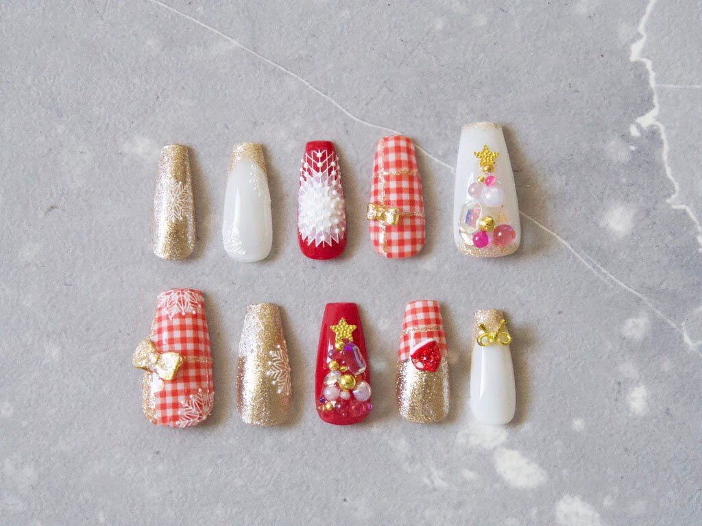 Christmas Red Plaid Gold Sparkling Accent White Snow Flake Bow Knot Winter Nails Customized Press on Nail Gift for her