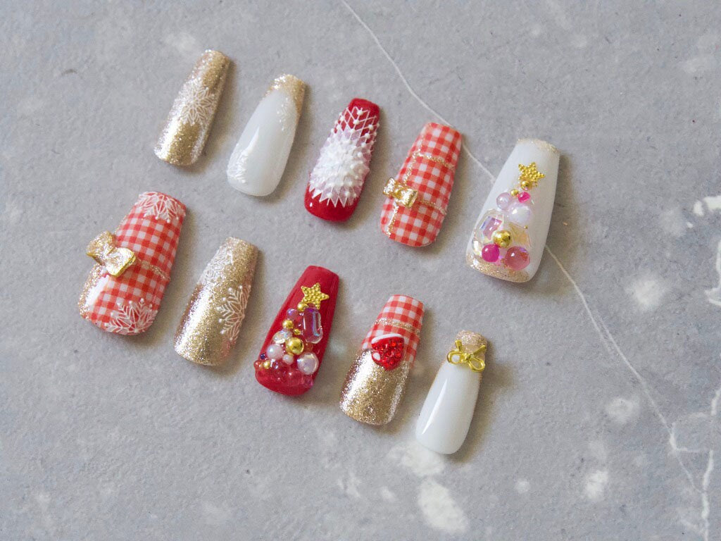 Christmas Red Plaid Gold Sparkling Accent White Snow Flake Bow Knot Winter Nails Customized Press on Nail Gift for her