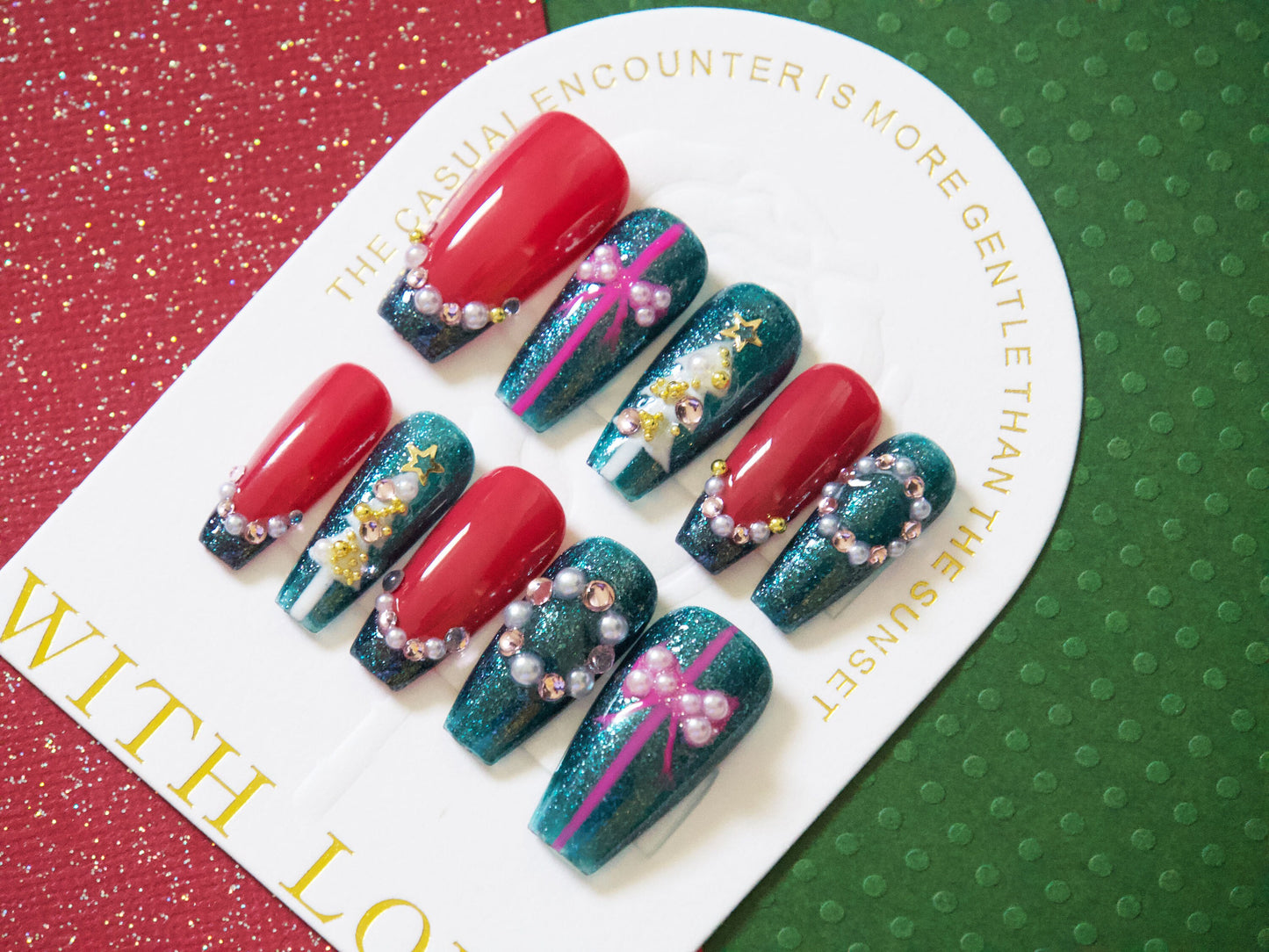 Green Red Christmas Tree Wreath Winter Nails Customized Personalized Press on Nail Gift for her