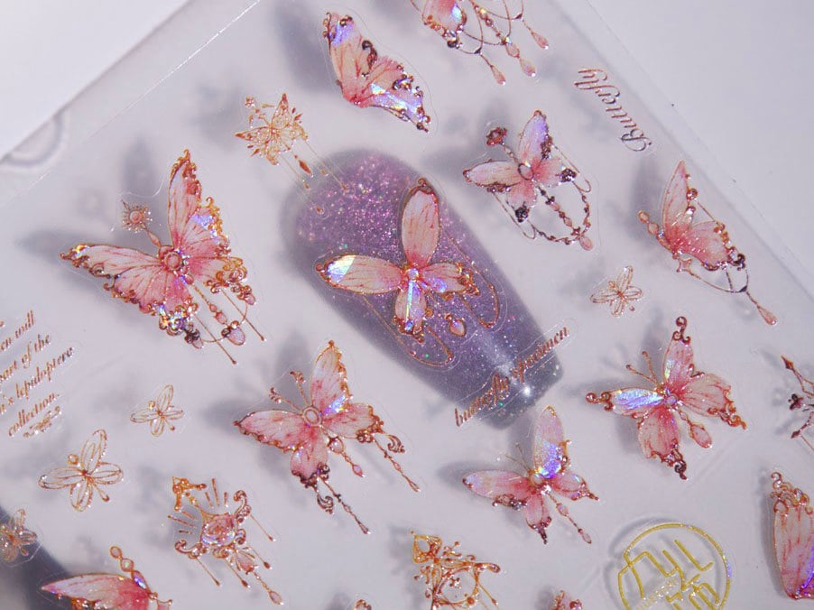 Morpho Reflective Butterfly Chandelier Nail sticker/ Seashell Iridescent Dazzling Rainbow Hue Vintage Princess 3D Stickers for Nails Art