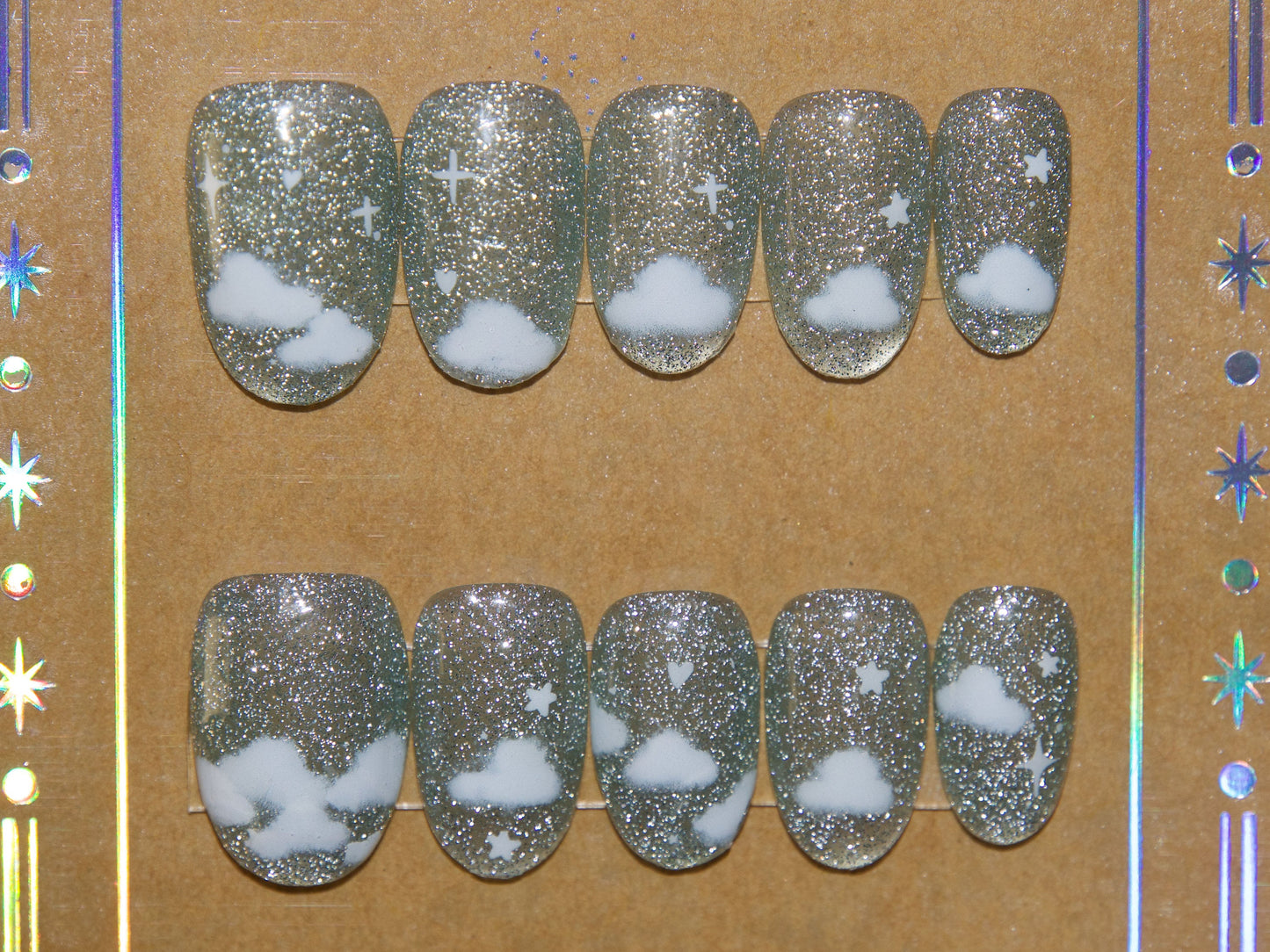 White Clouds with Green Reflective Glitter Sparkling Nails Customized Personalized Press on Nail