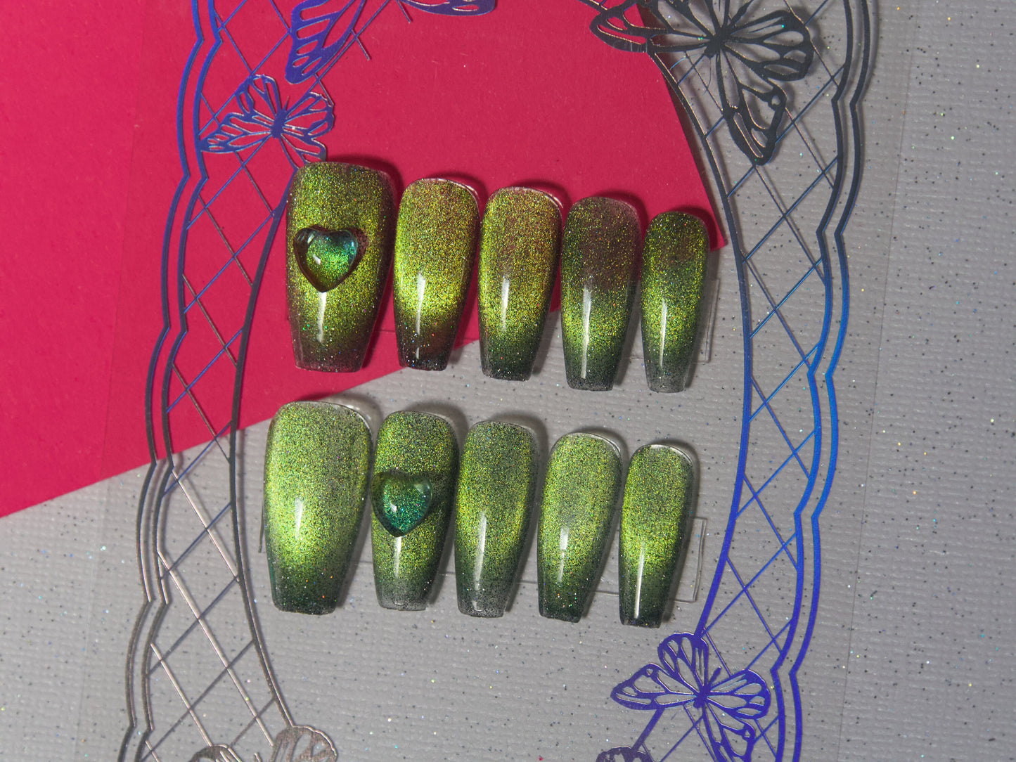 Green Dreamlike Arch French Arch Line Galaxy Magnetic Cat Eye Nails Customized Press on Nail Christmas gift for her