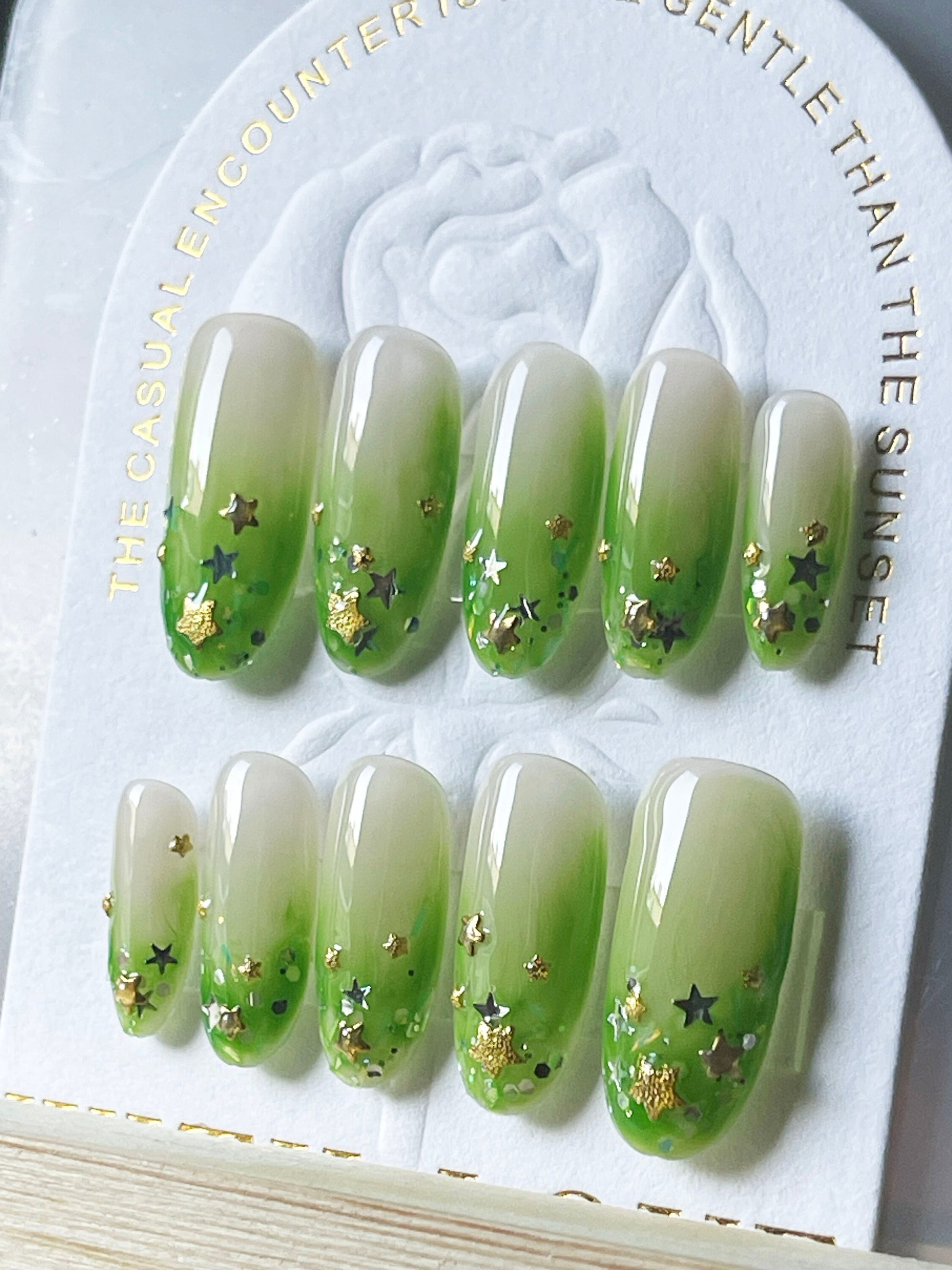 Refreshing Green Christmas Holiday Stars Handmade Customized Press on Nails