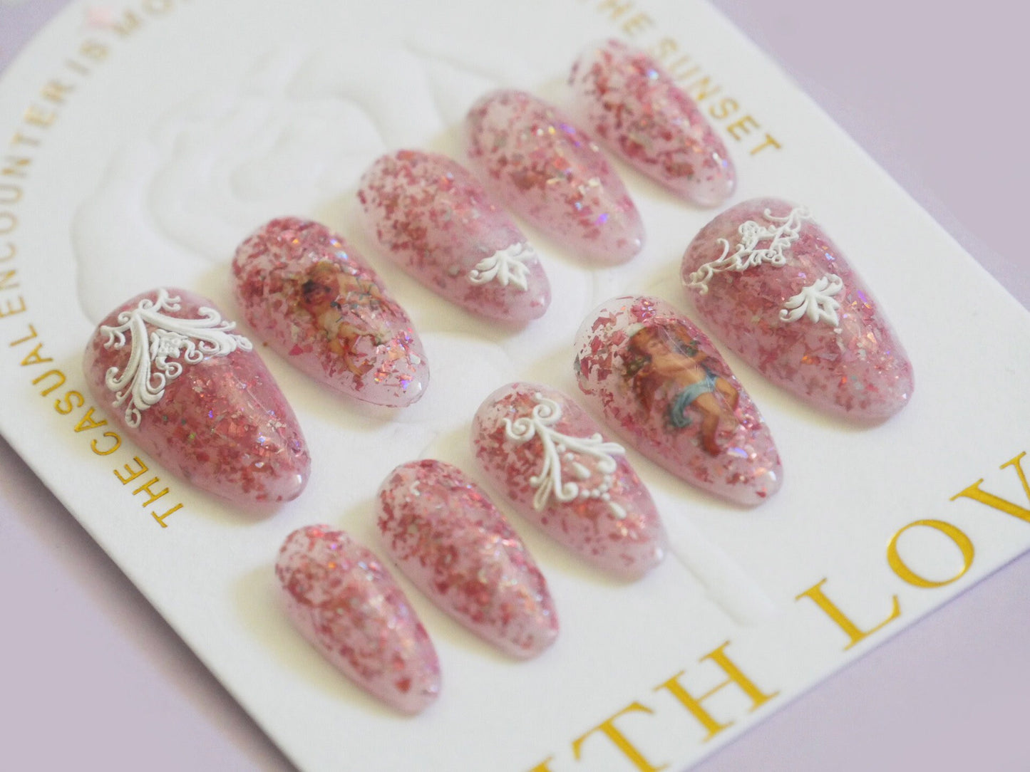 Pink Glitters Angel Heaven Vintage Nails Customized Press on Nail