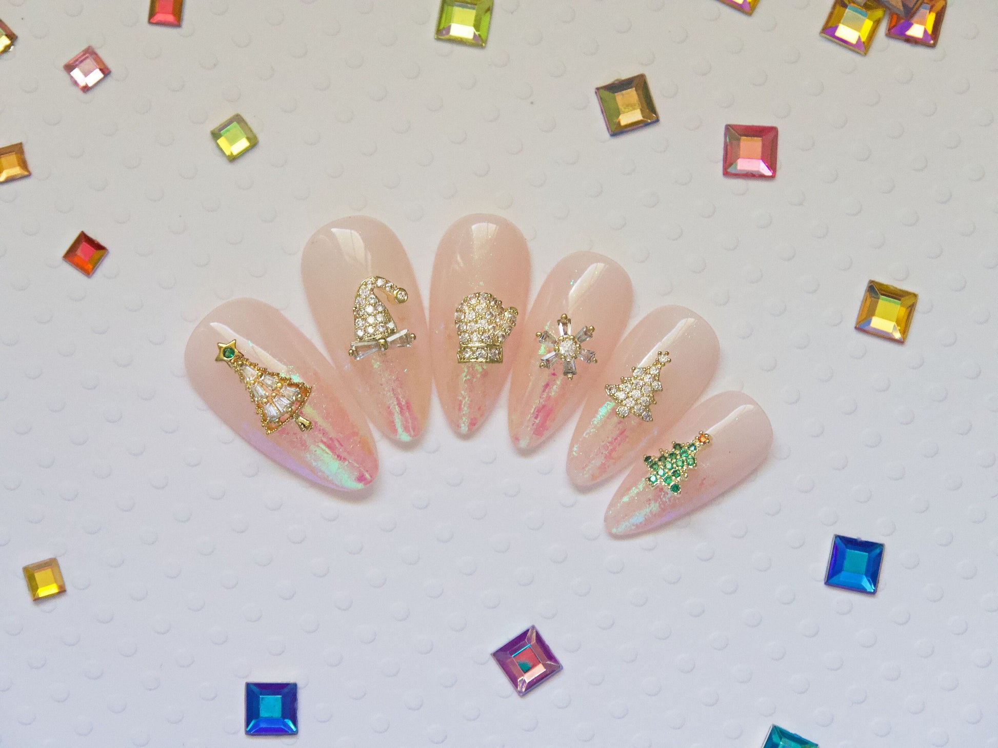 14k Gold Plated Christmas Tree Nail Decal/ Merry Christmas Festive Delight Zircon Nails Ornaments Jewelry/ Glove Snow Hat Trees Manicure