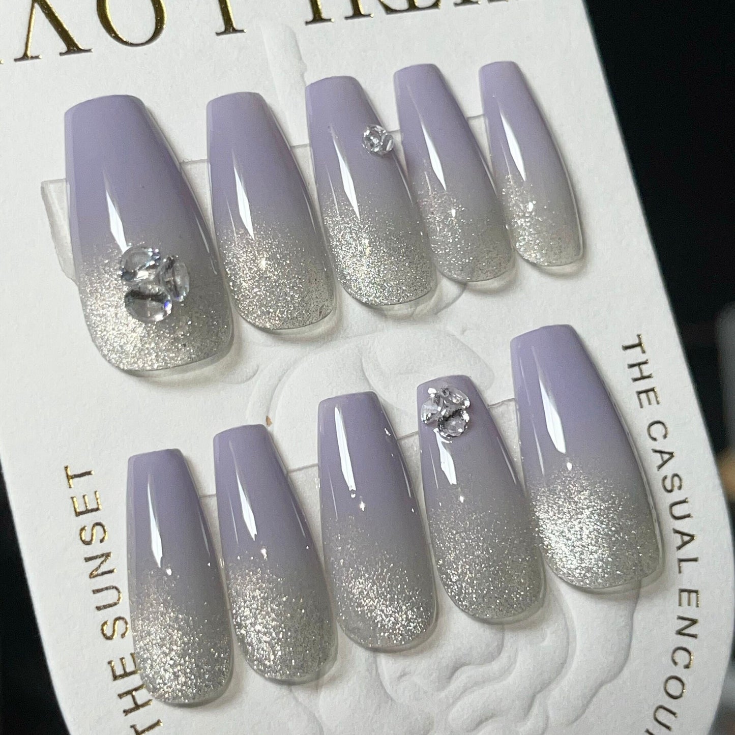 Taro Ube Ombre Tip with Icy Glare Cat Eye Effect Handmade Customized Press on Nails