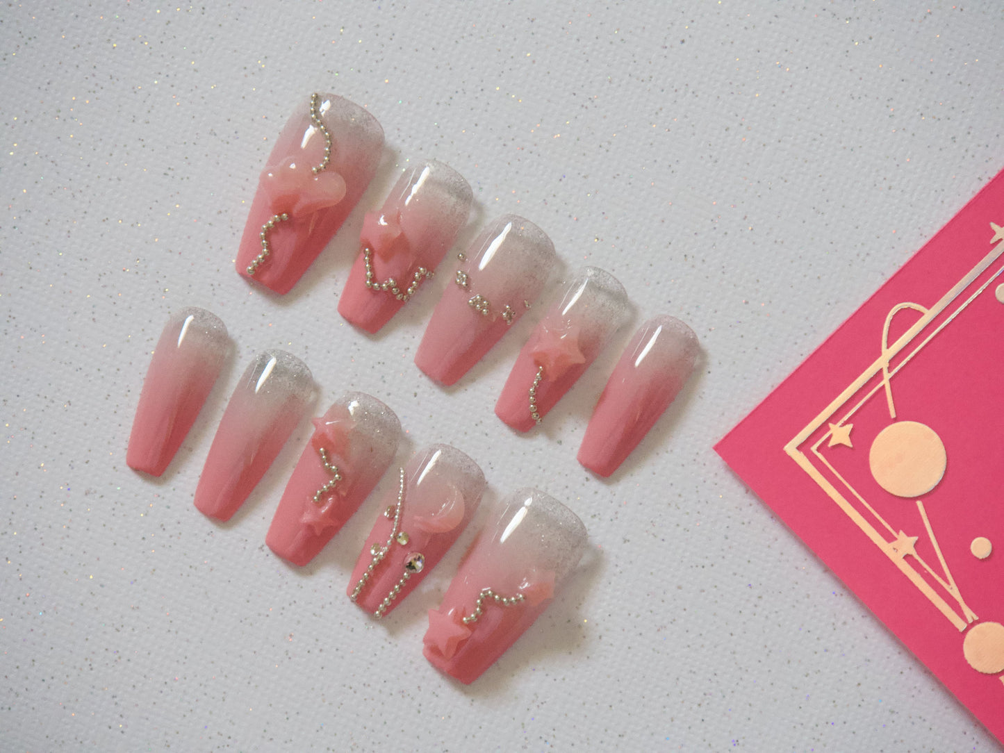 Pink Gradient 3D Stars with Silver Dazzle Nails Customized Press on Nail