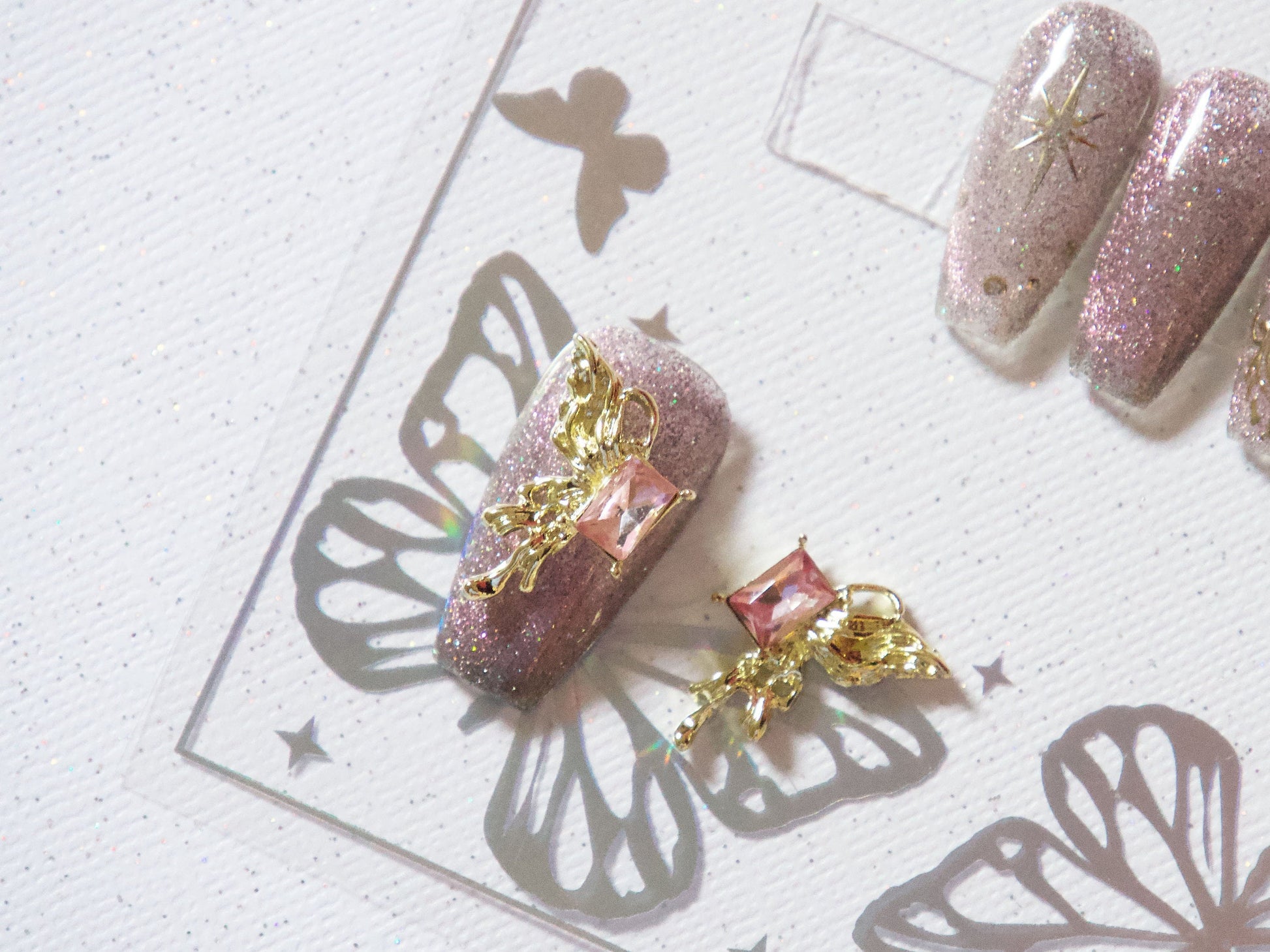 1 pair Gold Spread Wing Butterfly Pink Zircon Nail Decal/ Dainty Half Wing 3D Nail Ornament Nails Decal/ Nail Jewelry Elegant Manicure
