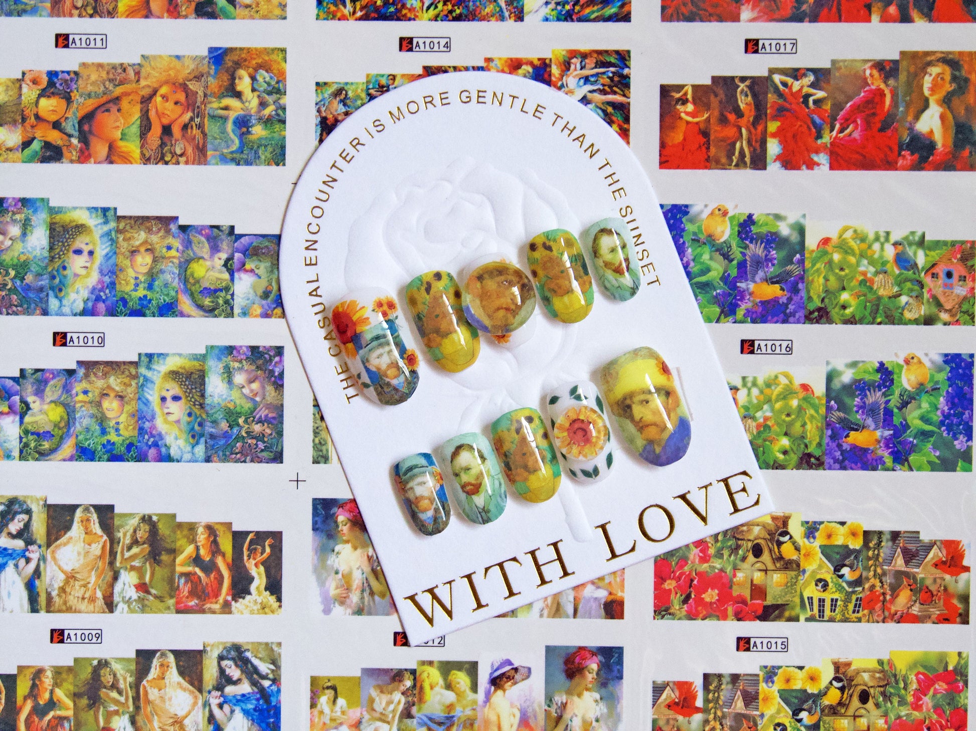12sets Van Gogh and da Vinci Mona Lisa Water Transfer Nail Tattoo Sticker/ Famous Oil Painting Bouquet of Sunflowers Nails Stickers