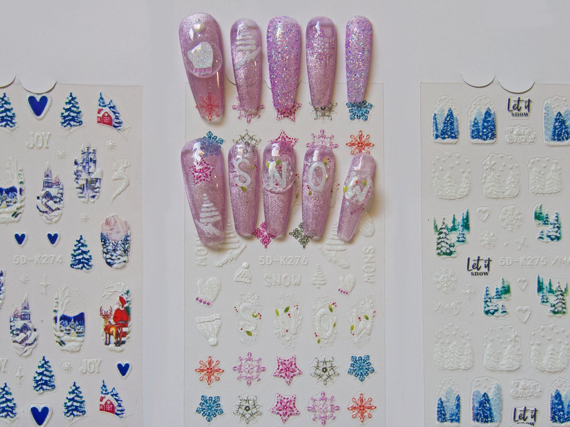 Shiny Glittery Winter Holiday Nail Art Stickers Decals/ Christmas 3D Textured Snow-Covered Cottages Sticker/ Wonderland New Year nail Decals