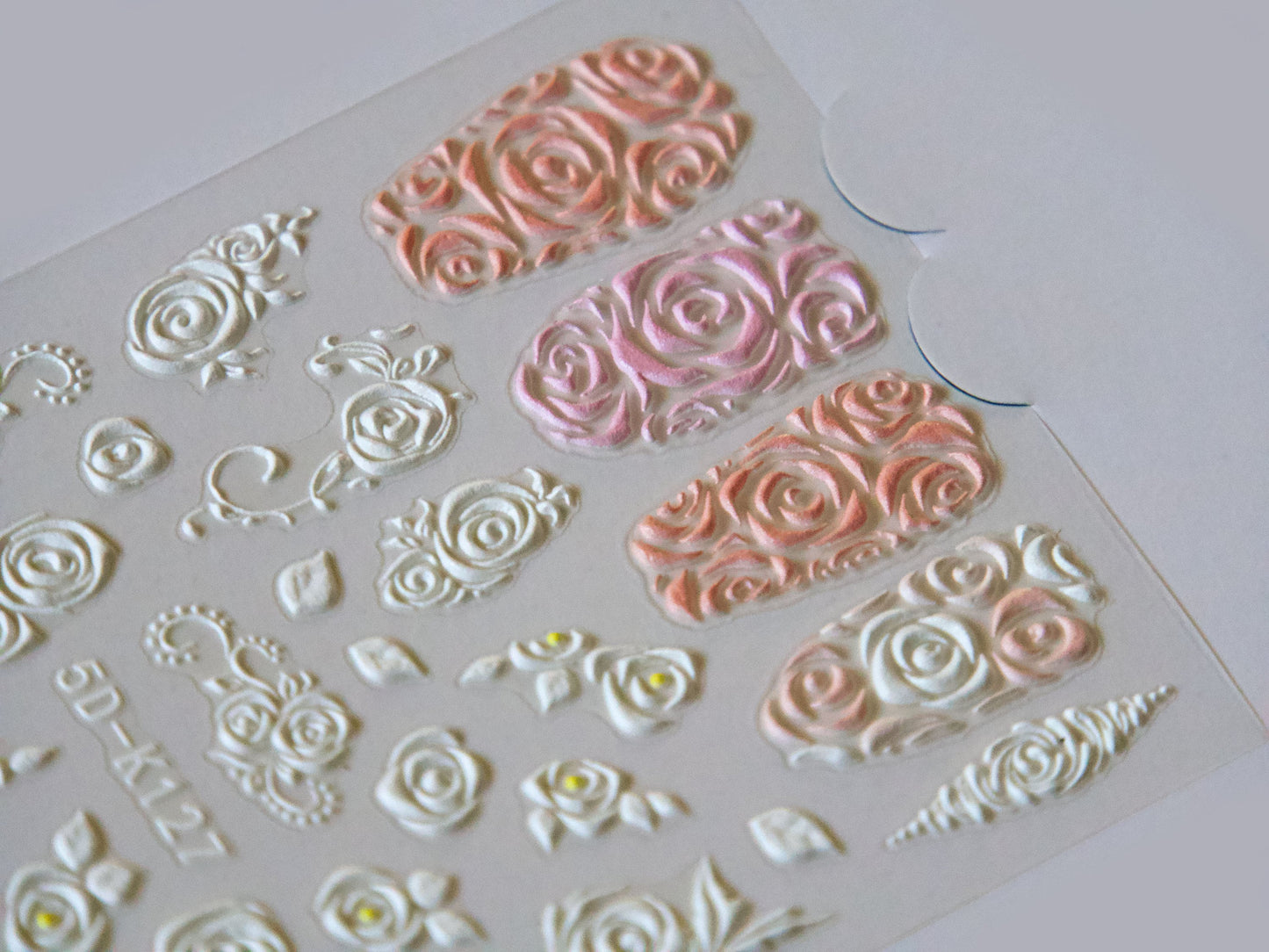 5D Carved Embossing Rose Nail Art Stickers Decals/ Bridal Pink White 3D Textured Floral Sticker/ Elegant Romantic Peel off Easy Manicure
