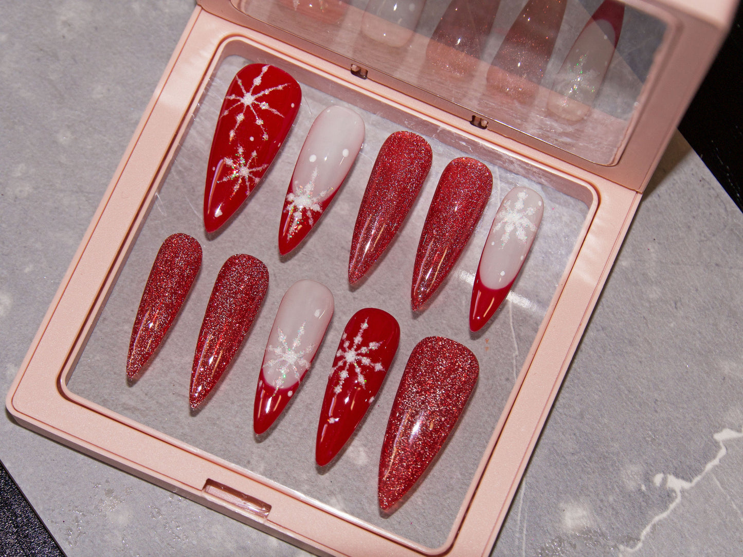 Christmas Snowy Red Reflective Glitter Sparkling Nails Customized Personalized Press on Nail
