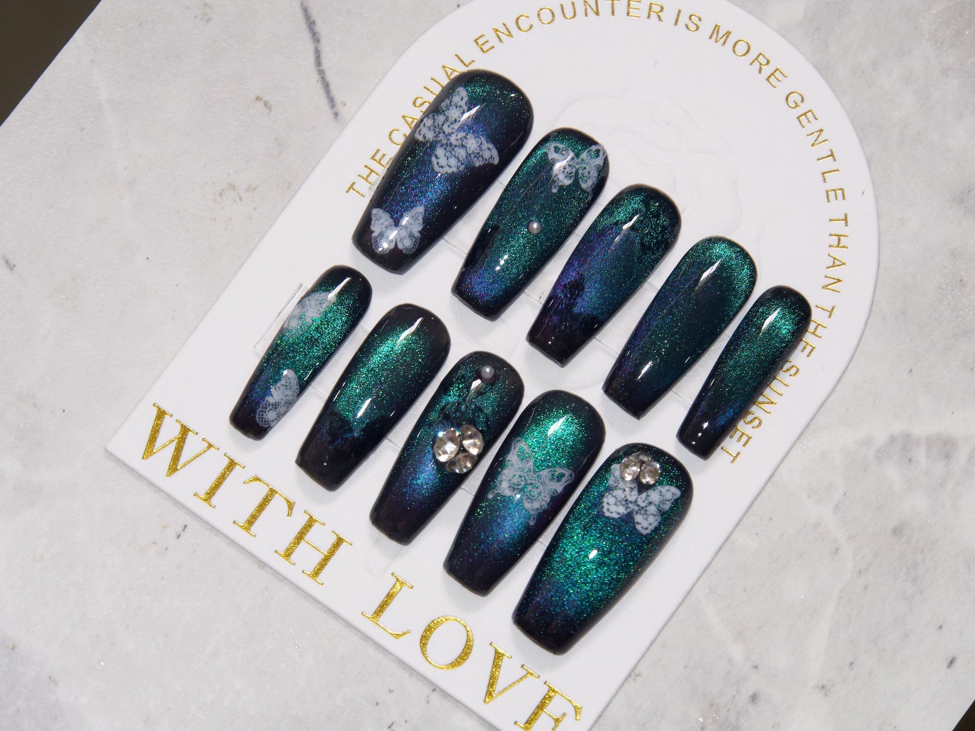 Lace Butterfly Delicate and Intricate Blue Green Purple Magnetic Cat eye Effect Customized Press on Nails