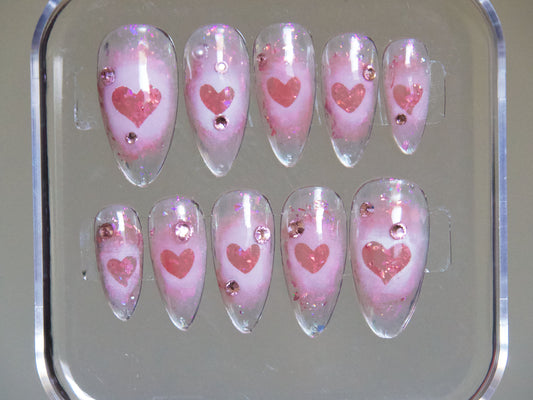Pink Glittery Heart-shaped Valentine's Day Almond Shape Nails Customized Press on Nail