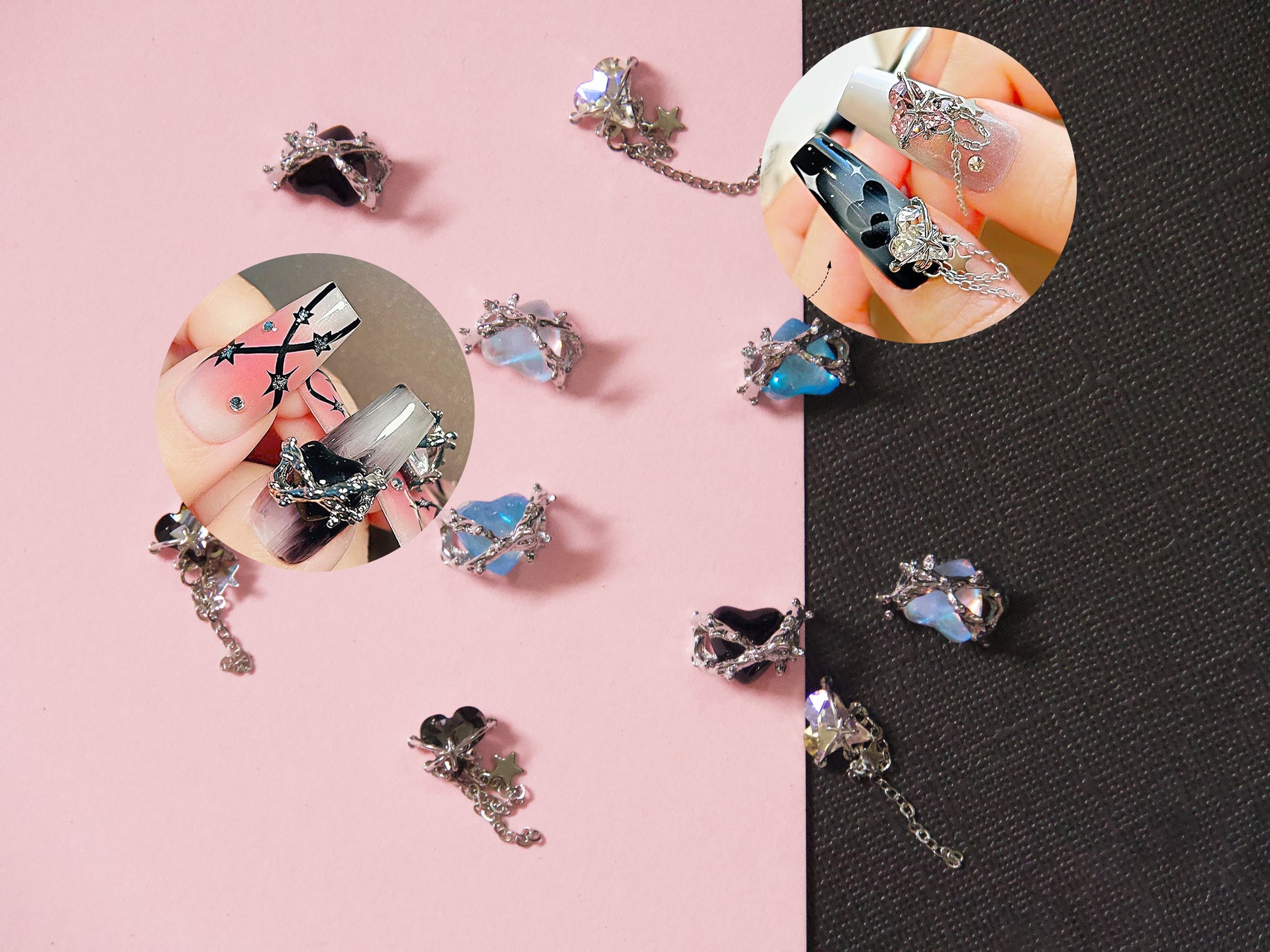 2pcs Barbed Thorns Wire Heart Shaped y2k Punk Nail Charms/ Spicy Girl Gemstone Nail art Jewelry/ Large Hearts Chain Dangle Manicure Decal