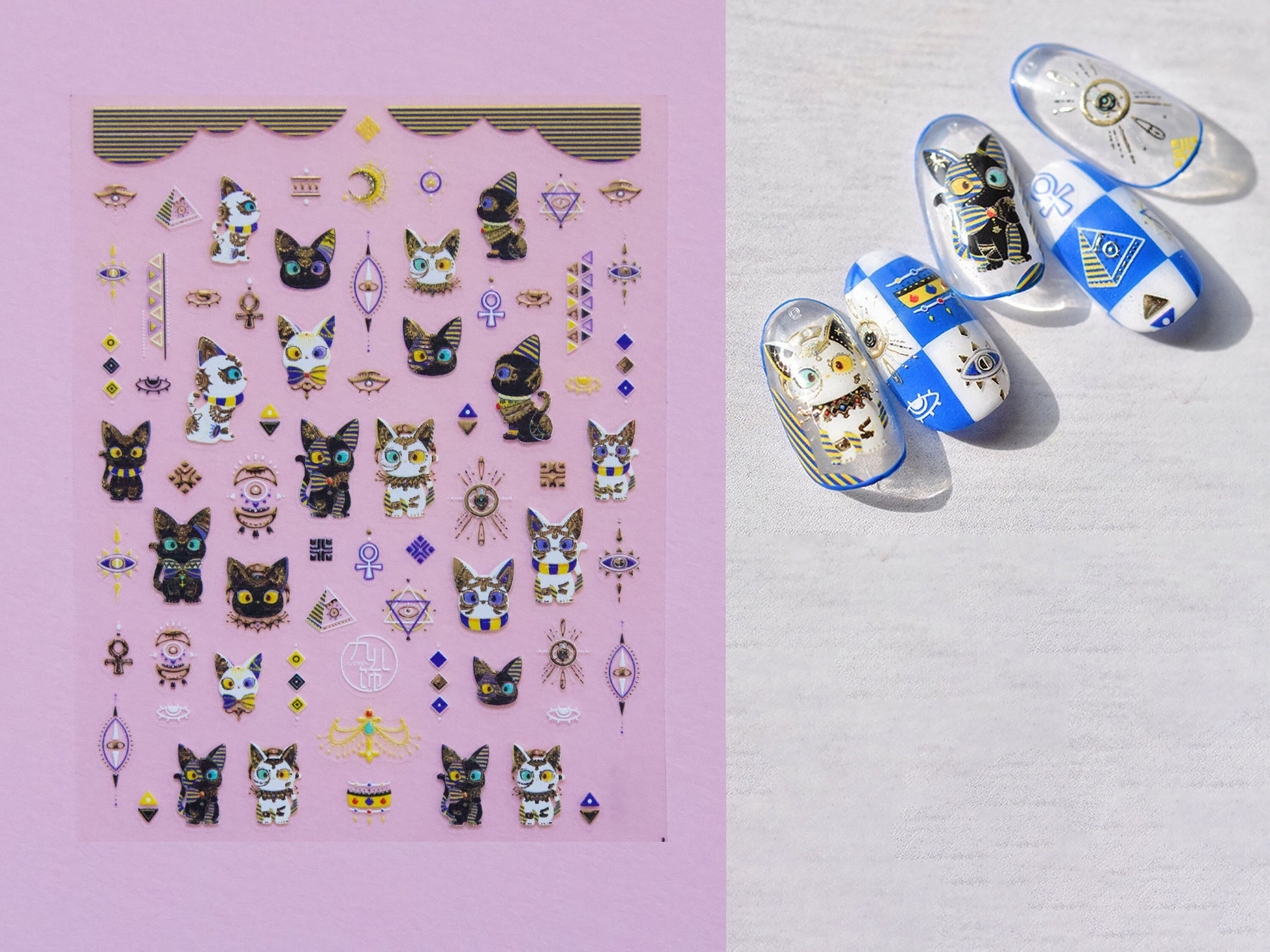 The Egyptian Cat Goddess Bastet Nail Sticker/ Egypt Pharaoh Cleopatra Theme Gilding Gold Stickers for Mindful Nails/ Cartoon Kawaii Cat