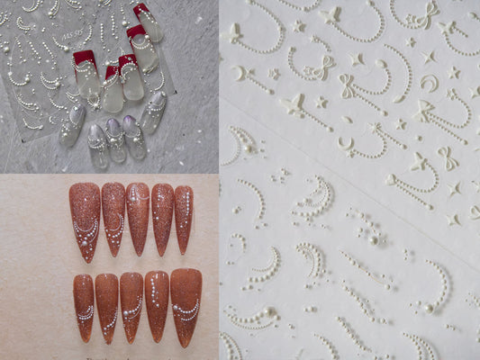 White Pearls Beaded Smile Arch Nail Sticker/ 3D Embossed French Line-Arc Lunula Dotted Butterfly Decals/ Peel off Moon Bow tie Pearl Stencil