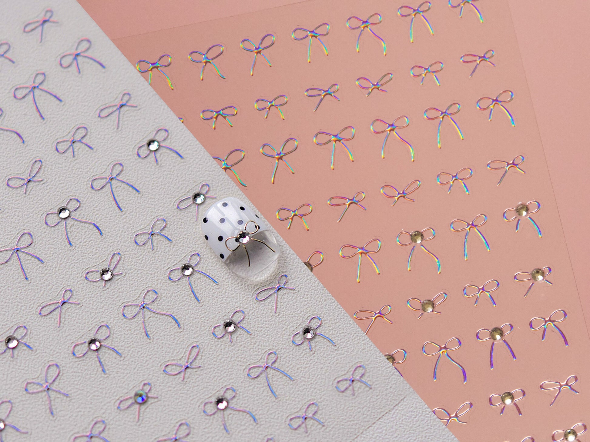 Pink Iridescent Halo Crystals Bow Knot Nail Stickers/ Gilding Bow Tie Peel off Sticker/ Rhinestone Nails Tiny Blingbling Decals