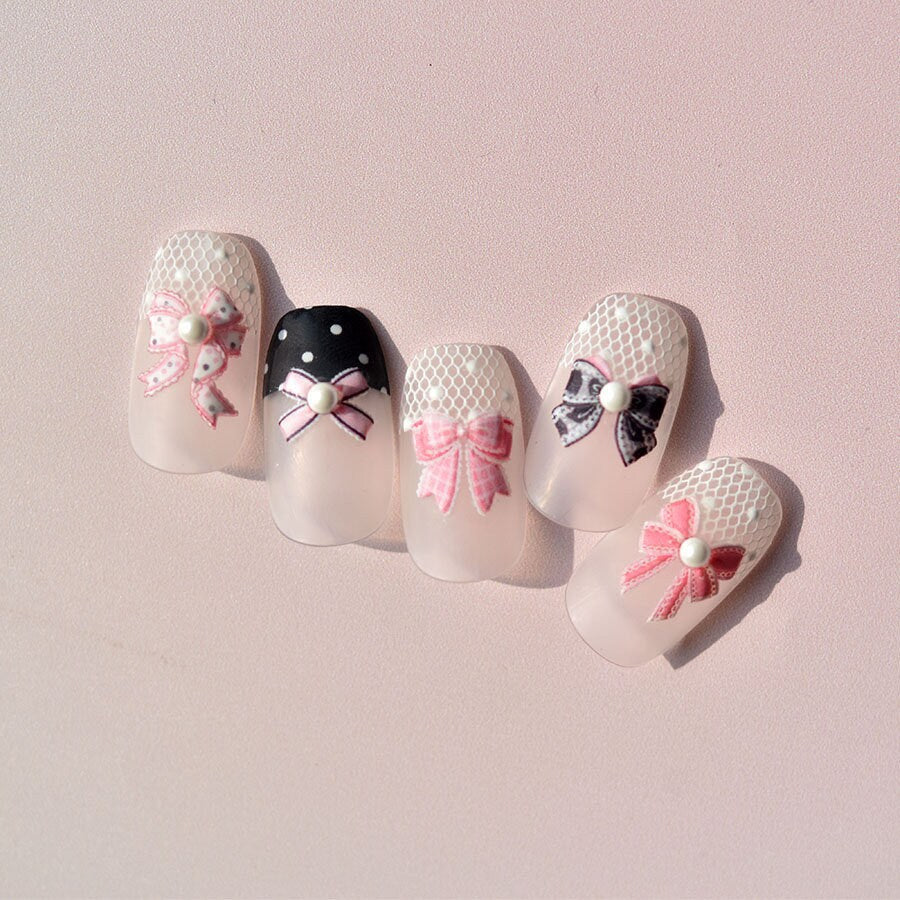 Pink Bow Tie & White Lace Nail Stickers