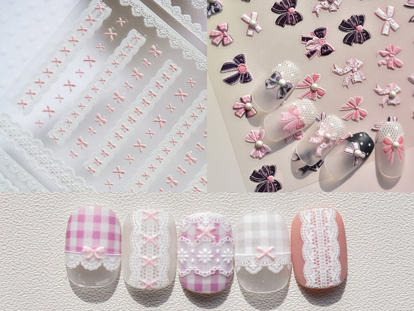 Pink Bow Tie & White Lace Nail Stickers