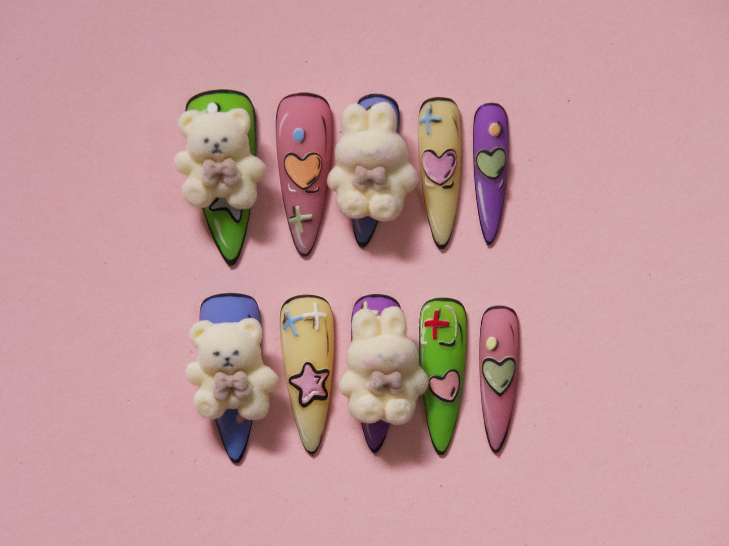 2pcs Cream White Cute Cartoon Velvet Bear & Rabbit Nail Decals/ Plush Velvet textured Teddy Bear Bunny 3D DIY Nail Accessories Charms