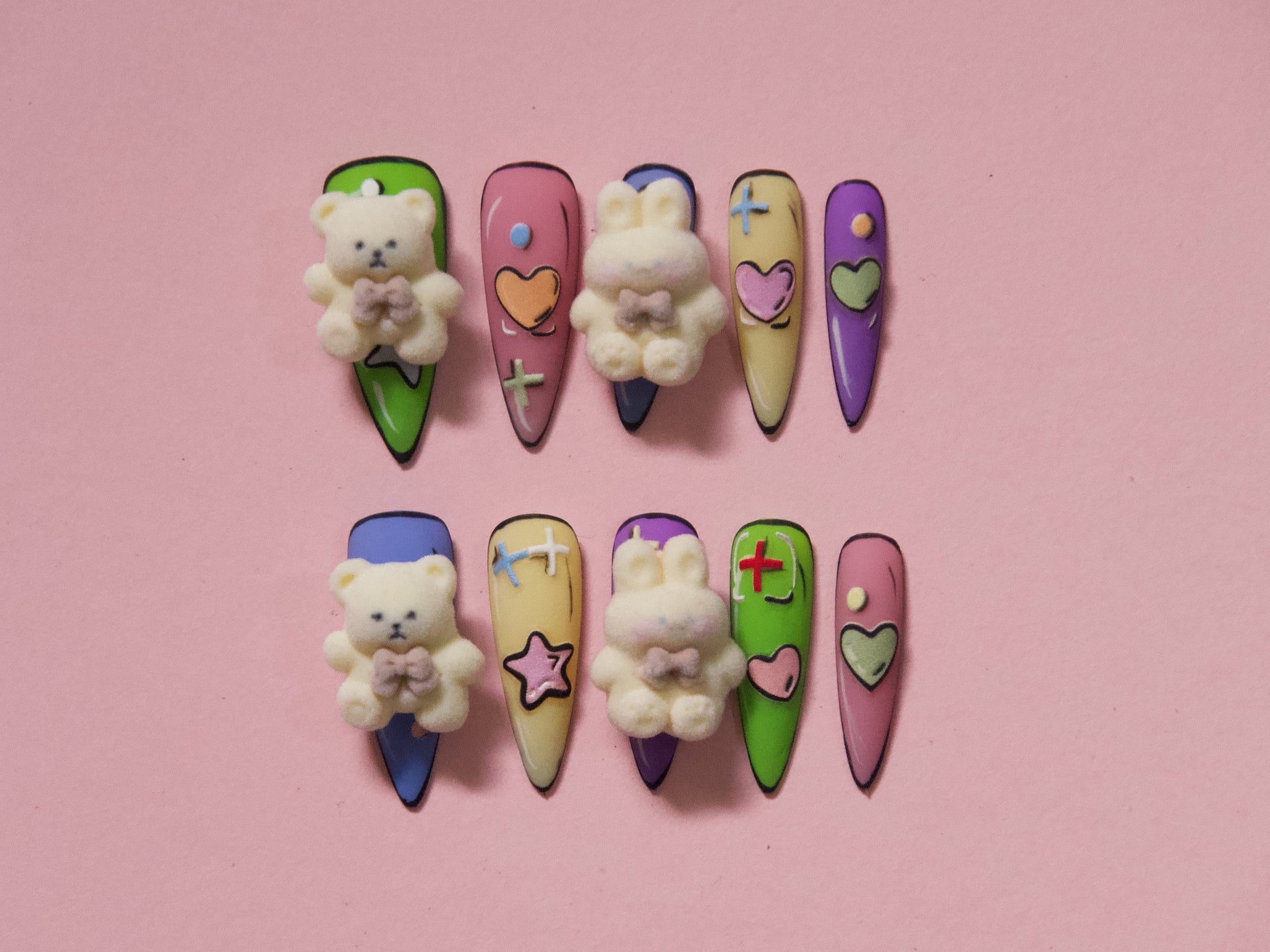 2pcs Cream White Cute Cartoon Velvet Bear & Rabbit Nail Decals/ Plush Velvet textured Teddy Bear Bunny 3D DIY Nail Accessories Charms