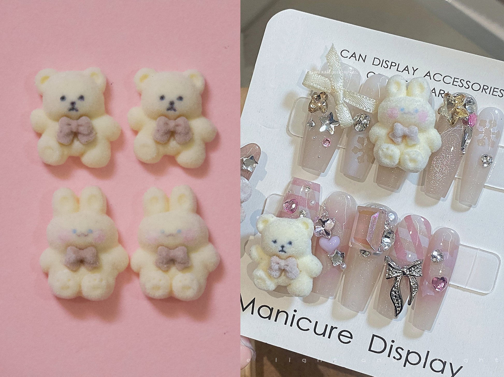 2pcs Cream White Cute Cartoon Velvet Bear & Rabbit Nail Decals/ Plush Velvet textured Teddy Bear Bunny 3D DIY Nail Accessories Charms