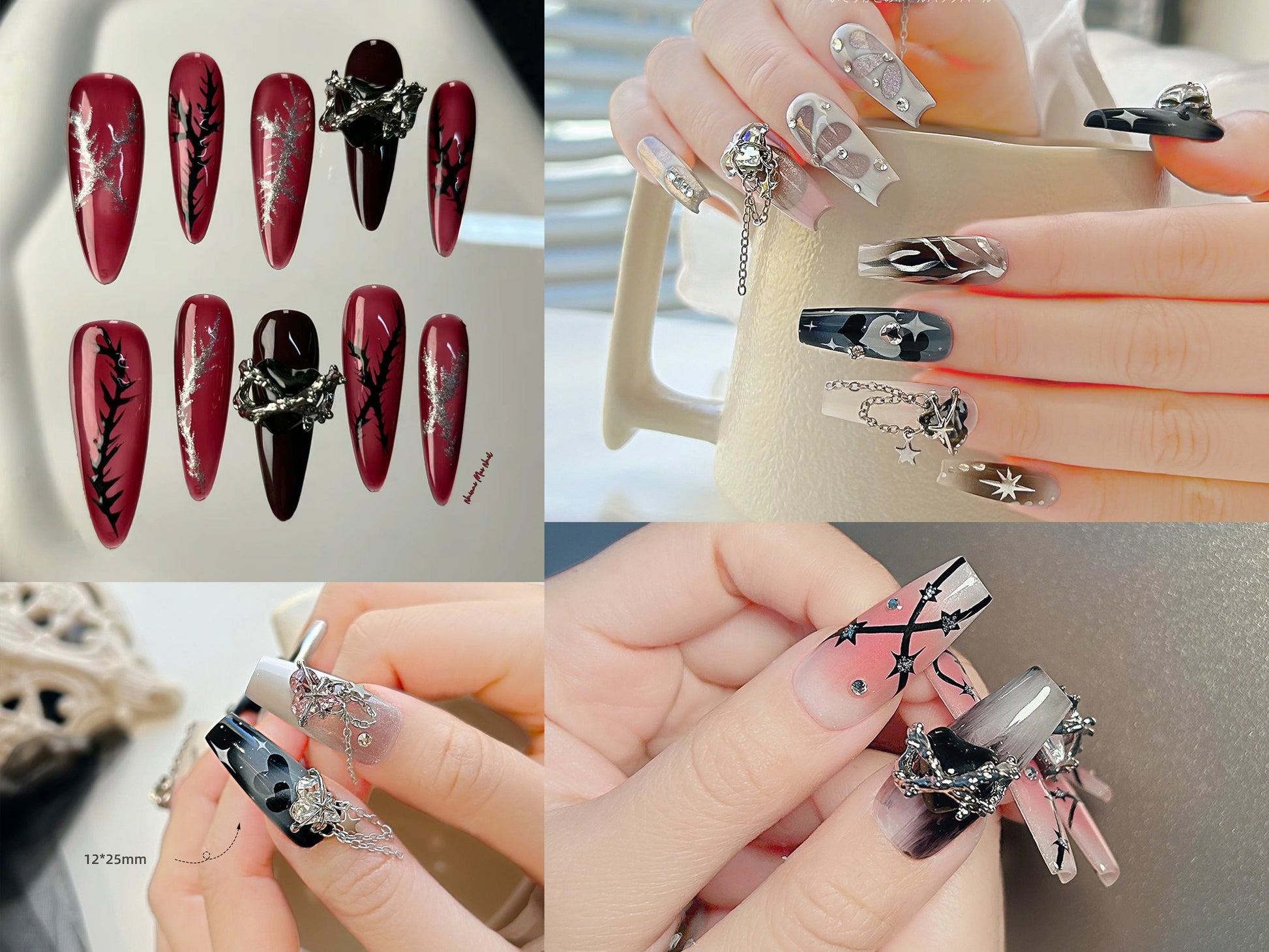 2pcs Barbed Thorns Wire Heart Shaped y2k Punk Nail Charms/ Spicy Girl Gemstone Nail art Jewelry/ Large Hearts Chain Dangle Manicure Decal