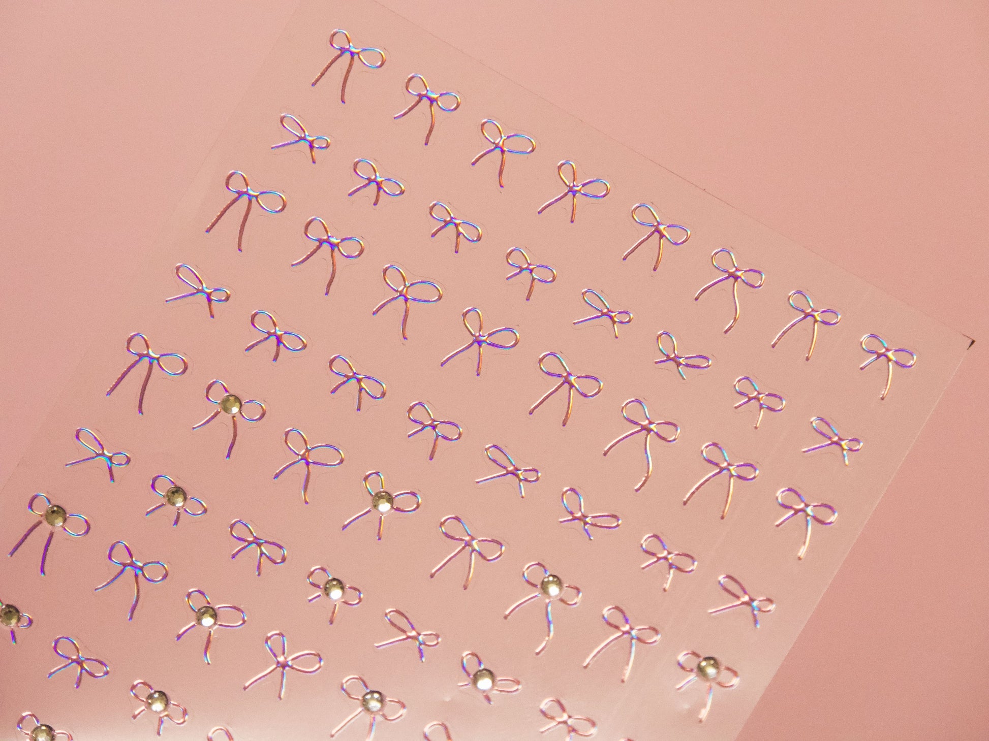 Pink Iridescent Halo Crystals Bow Knot Nail Stickers/ Gilding Bow Tie Peel off Sticker/ Rhinestone Nails Tiny Blingbling Decals