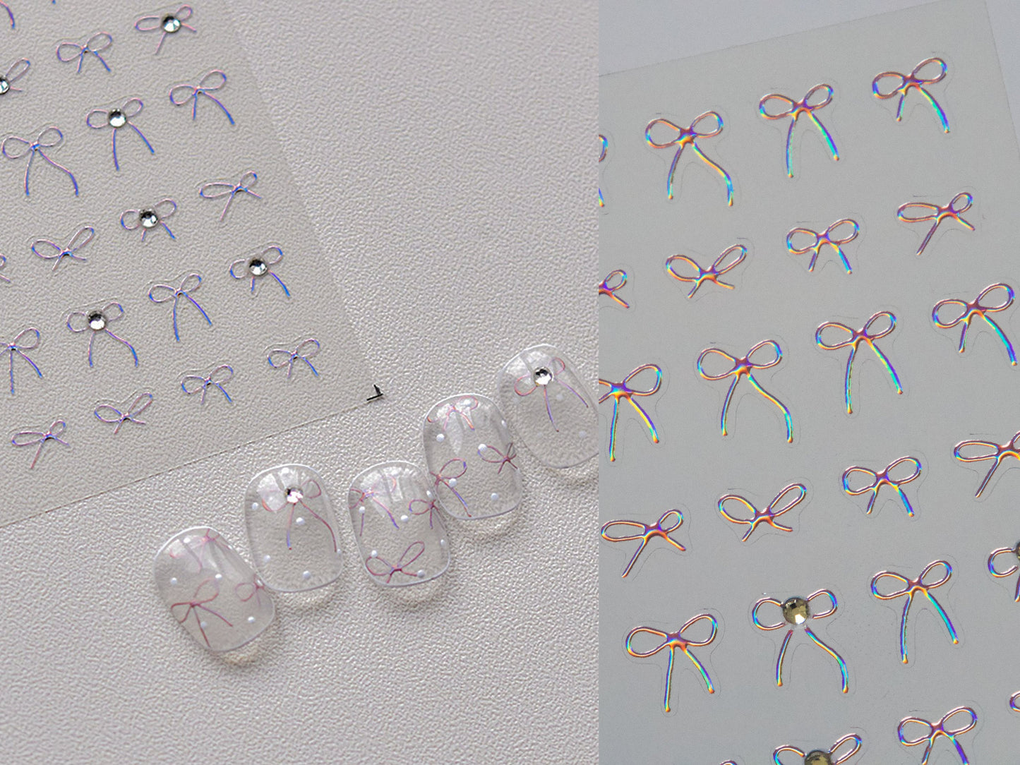 Pink Iridescent Halo Crystals Bow Knot Nail Stickers/ Gilding Bow Tie Peel off Sticker/ Rhinestone Nails Tiny Blingbling Decals