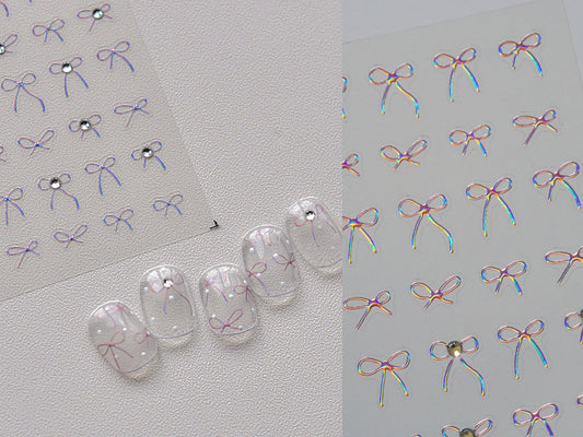 Pink Iridescent Halo Crystals Bow Knot Nail Stickers/ Gilding Bow Tie Peel off Sticker/ Rhinestone Nails Tiny Blingbling Decals