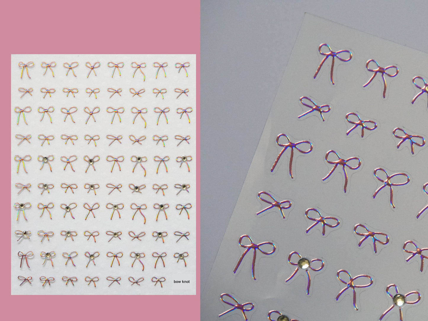 Pink Iridescent Halo Crystals Bow Knot Nail Stickers/ Gilding Bow Tie Peel off Sticker/ Rhinestone Nails Tiny Blingbling Decals