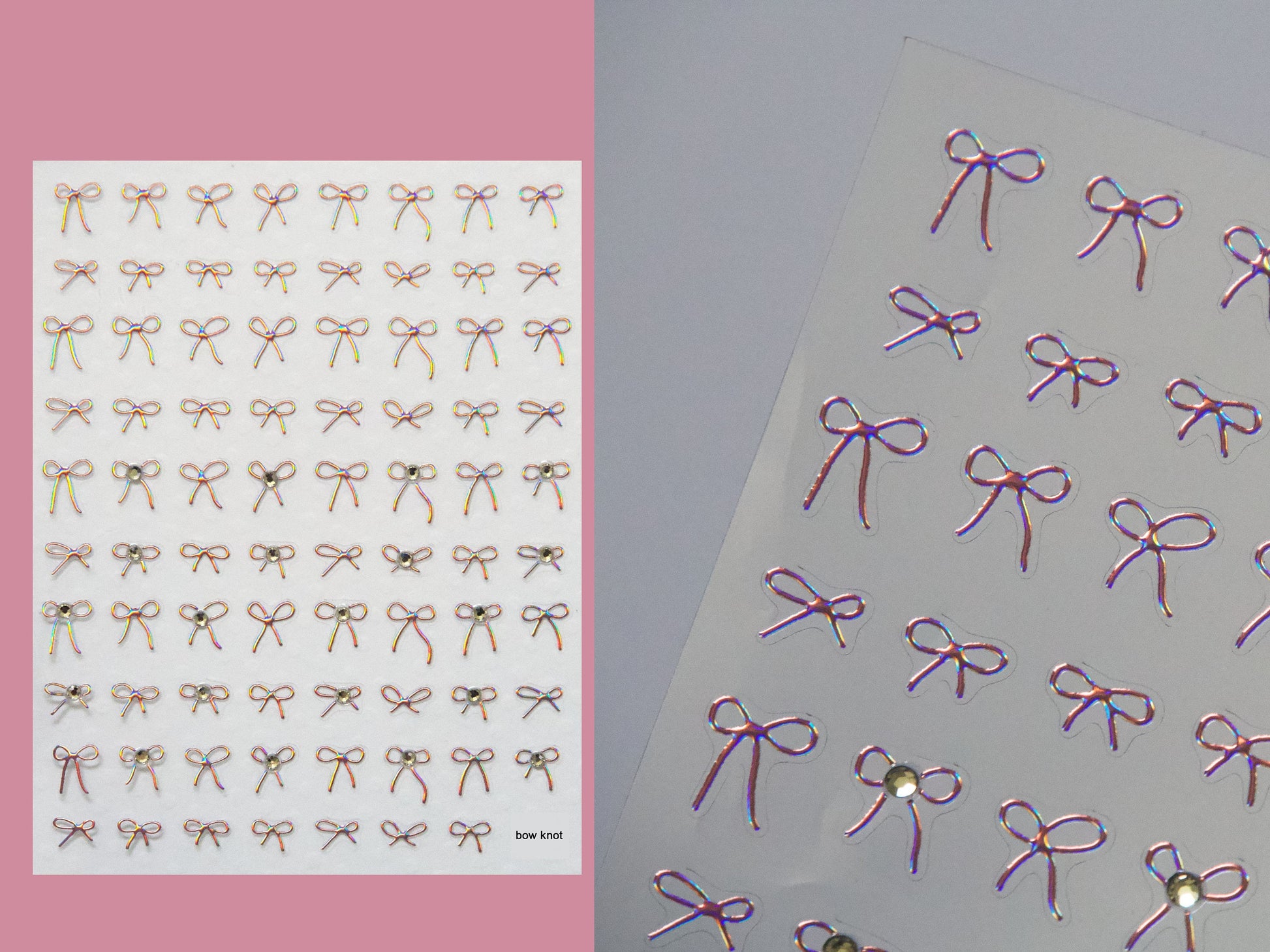 Pink Iridescent Halo Crystals Bow Knot Nail Stickers/ Gilding Bow Tie Peel off Sticker/ Rhinestone Nails Tiny Blingbling Decals
