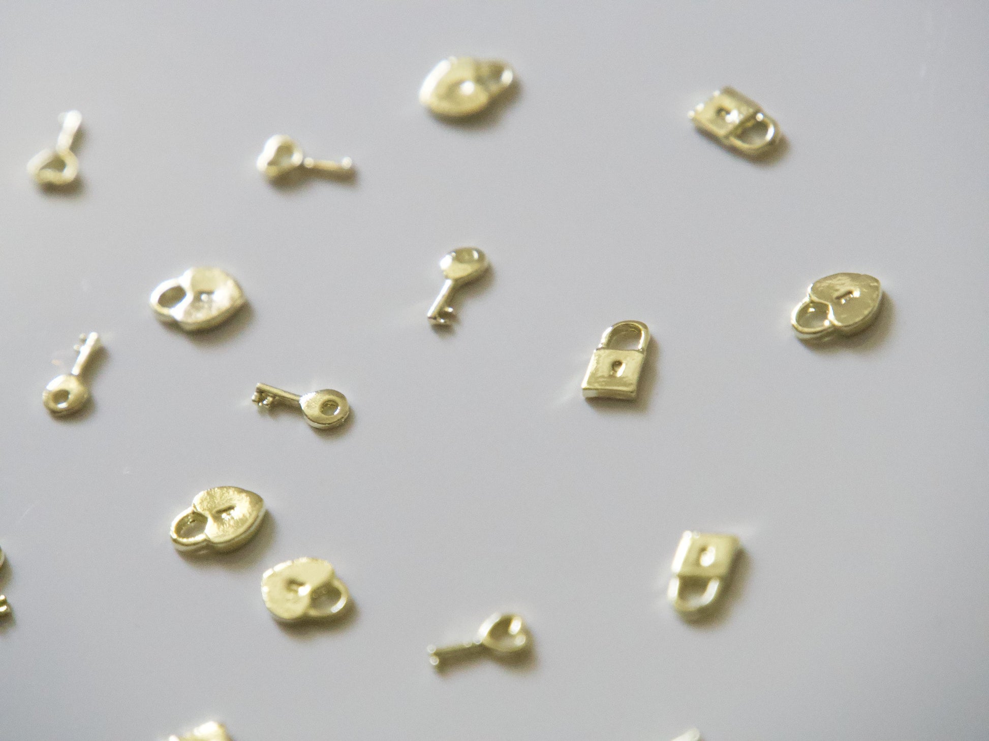 5pcs Gold Locker & Key Nail Studs/ Golden Mini Heart Love Locks Nail DIY Nail Deco/ Lock Your Love Key Doll House Miniature Supply