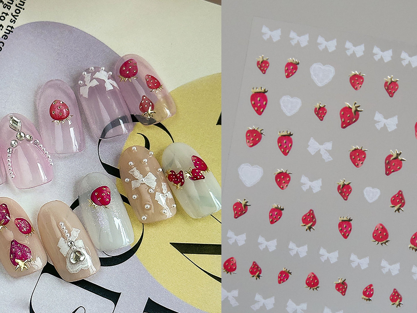 Strawberry & Bow Tie Nail sticker/ Gilding Gold Leaf Kawaii Red Strawberry White Lace Self Adhesive Decals/ Cute Fruity Manicure Stickers